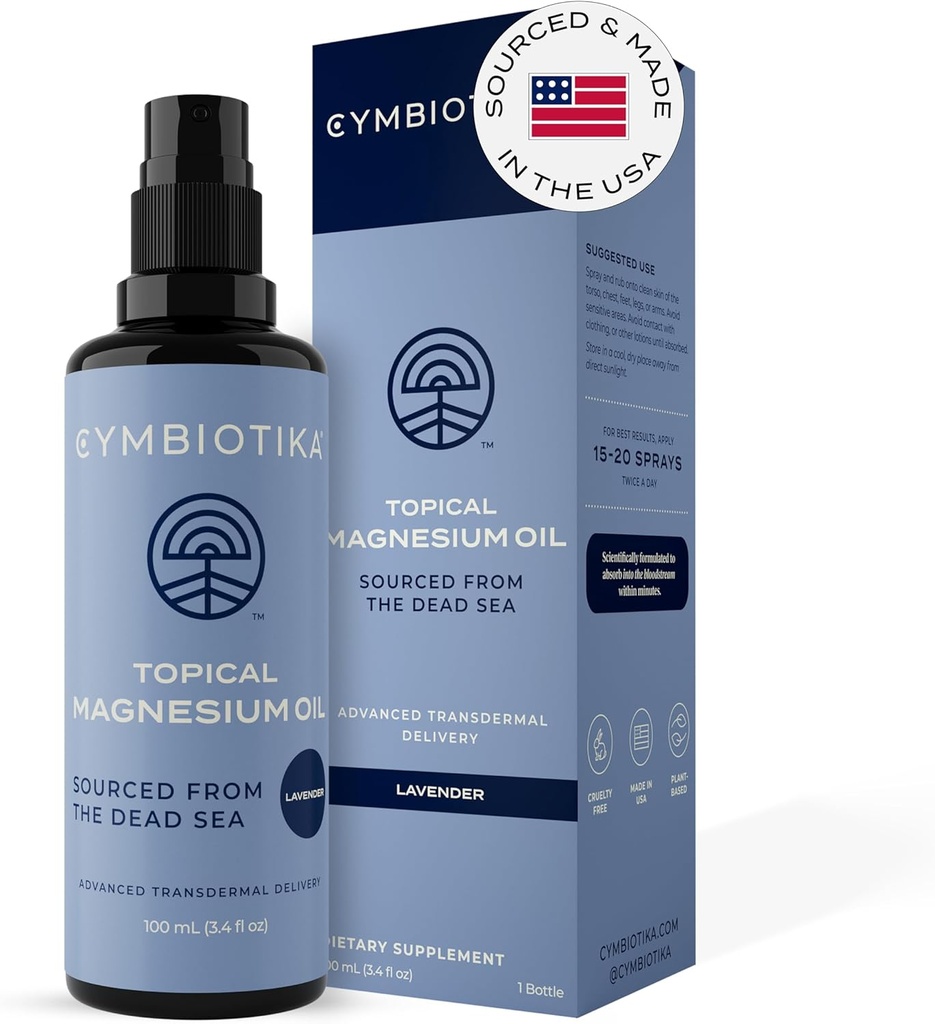 CYMBIOTIKA Topical Magnezyum Oil Spray for Body, USA Made, Supplement for Leg Cramps, Muscle, Joint Health & Sleep Support, Magnezyum Chloride, Lavender Extract, Aloe Vera - Skin Applicator