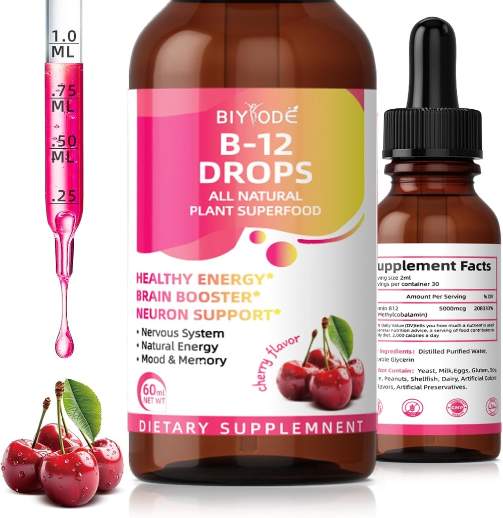 B12 5000 mcg Liquid Drops All Natural Plant Superfood Sağlıklı Enerji Beyin ATM Nervous System Natural Energy Mood Memory 60 ml Net Wt Cherry Flavor