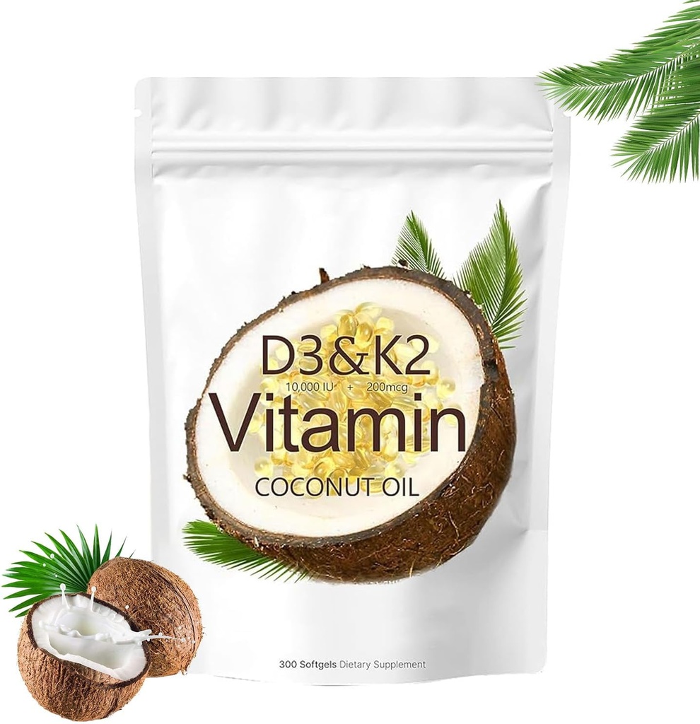 D3 Vitamin K2 Supplement Softgels, 10000 IU D3 + 200 mcg K2, Non-GMO, Gluten Free, Soy Free, 300 Kont