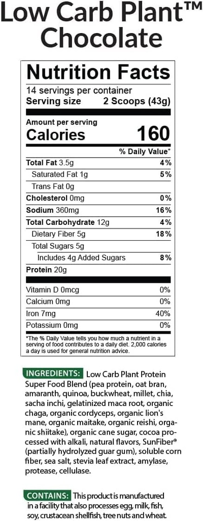 BioTrust Low Carb Plant, Delicious, Creamy, 20 Grams of Clean, Complete, Plant-Based Protein, 5 Grams Fiber, 15 Superfoods, Digestive Enzymes, Vegan, Dairy-Free - 14 Servings (Chocolate)