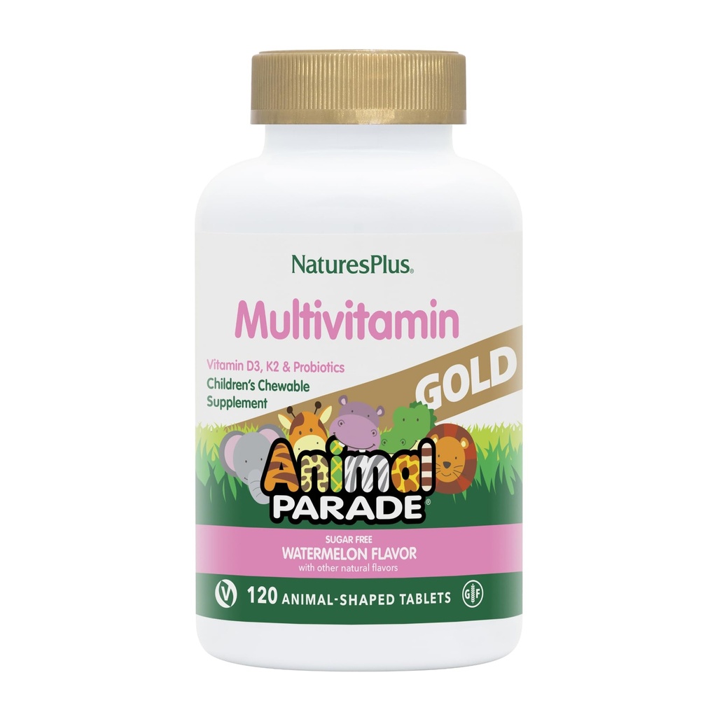 Natures Plus Animal Parade Gold Multivitamin Children's Chewables - Watermelon Flavor - 120 Animal-Shaped Tablet - Vitamin D3, K2 & Probiyotikler - Vegan, Gluten Free - 60 Toplam Hizmetler