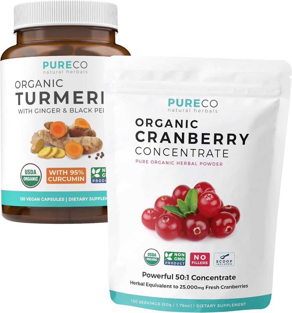 Turmeric & Cranberry Toz (3-Month Supply) Berry Turmeric Combcumin with Black Pepper & Ginger (120 Caps) & Organic Cranberry Bulk Toz Ekstraksiyon (100 Scoop)