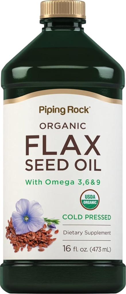 Piping Rock Flaxseed Oil | 16 Fl Oz | Omega 3 6 9 | Organik Cold Pressed Liquid Supplement | Vegetarian, Non-GMO, Gluten Free Formula