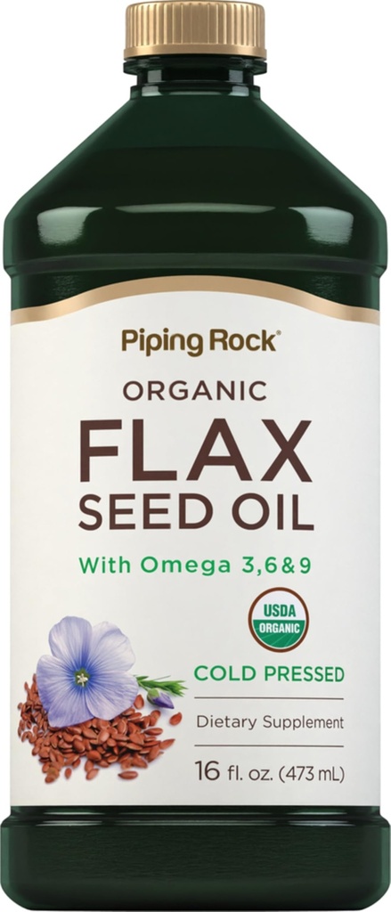 Piping Rock Flaxseed Oil | 16 Fl Oz | Omega 3 6 9 | Organik Cold Pressed Liquid Supplement | Vegetarian, Non-GMO, Gluten Free Formula