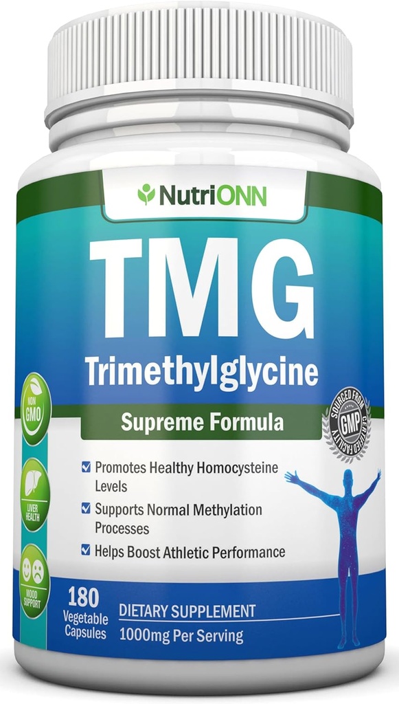 TMG Trimethylglycine Supplement - 1000mg - 180 Κάψουλες - Premium Pure Betaine Anhydrus - Υποστηρίζει κανονικά επίπεδα ομοκυστεΐνης & αρτηριακής πίεσης - Προάγει τις διαδικασίες μεθυλίωσης - Μη ΓΤΟ Formula