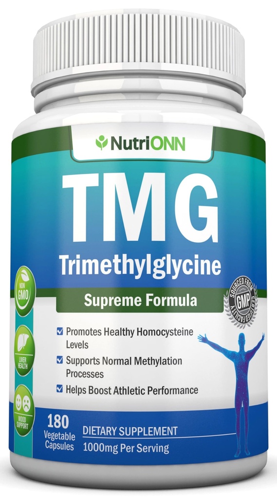 TMG Tritilglycine Supplement - 1000 mg - 180 Capsules - Premium Pure Betaine Anhidrus - Destekler Normal Homocysteine & Blood Pressure Levels - Thes Metilation Processes - Non-GMO Formula