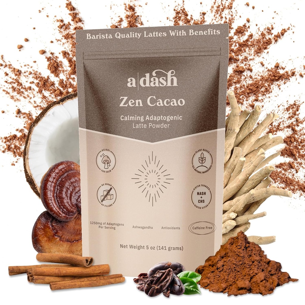 A Dash Zen Cacao Latte, Chocolate Mushroom Coffee Alternative Adaptogens, Ashwagandha, & Cinnamon Root, Mushroom Hot Coco with No Caffeine (20 hizmet)
