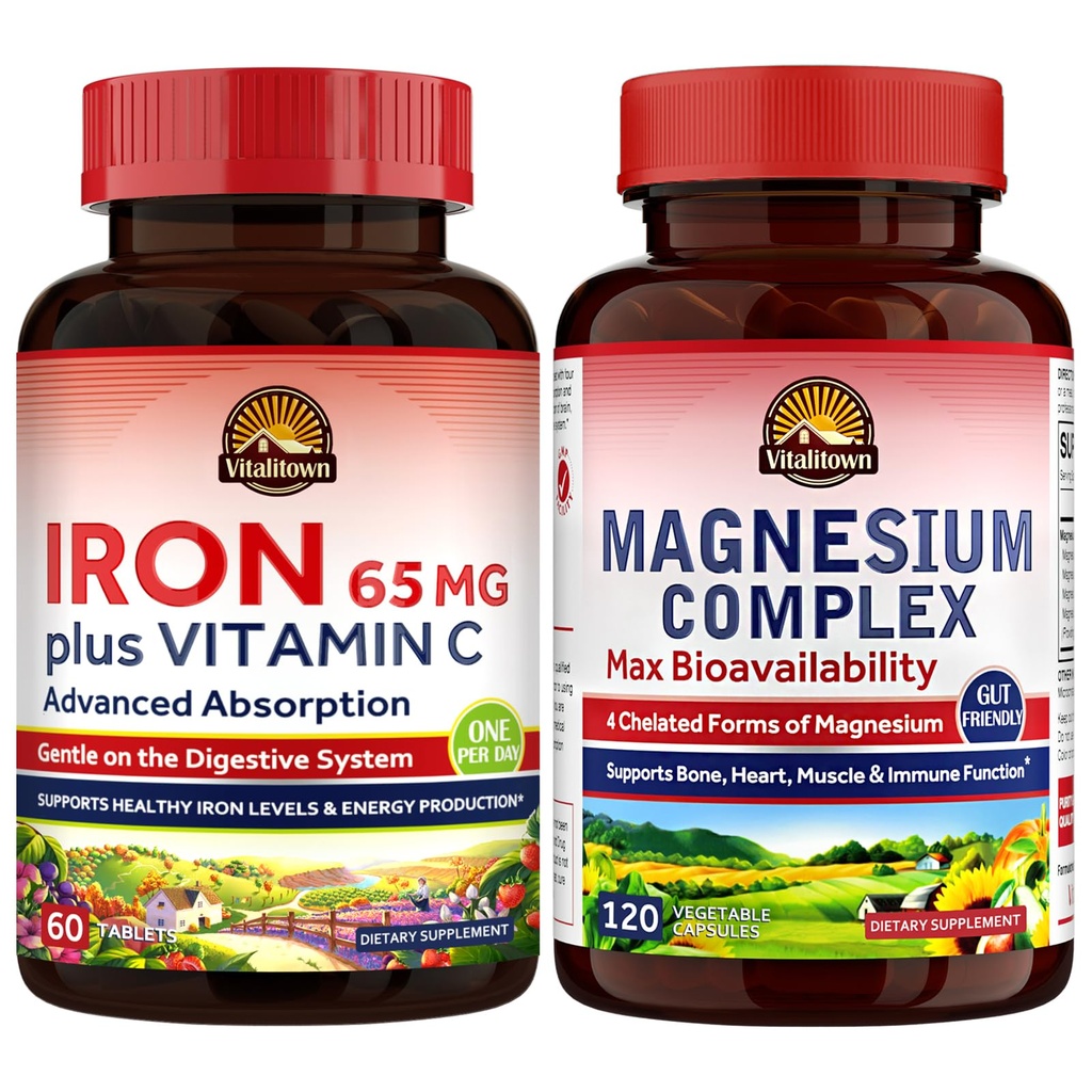Vitalitown Magnezyum Kompleksi 500 mg & 65 mg Kadınlar için Demir Supplement, Sleep, Muscle, Blood Building & Energy Improvement için