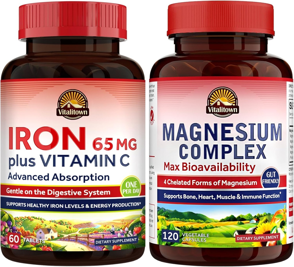 Vitalitown Magnezyum Kompleksi 500 mg & 65 mg Kadınlar için Demir Supplement, Sleep, Muscle, Blood Building & Energy Improvement için