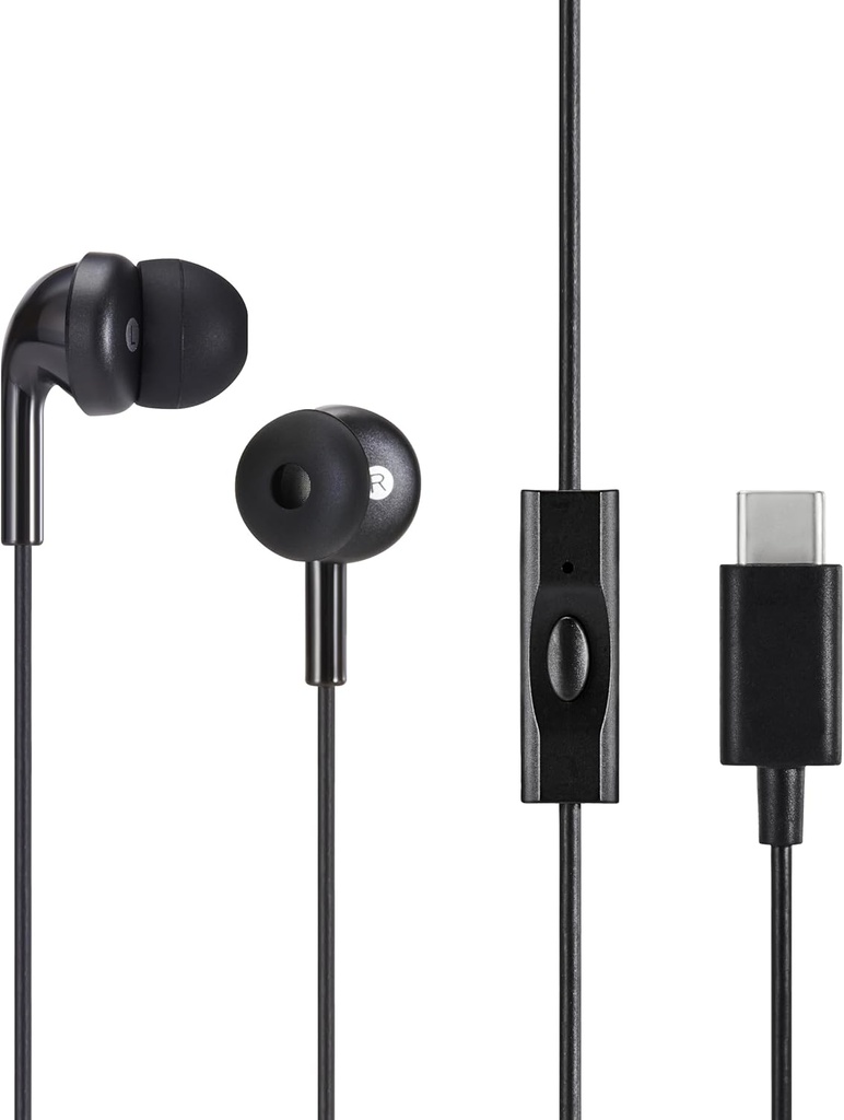   Basics Wired Earbuds with Microphone, In Ear Headphones, USB-C, 4.2 ft long cable, S/M/L Ear Tips, One size, Black