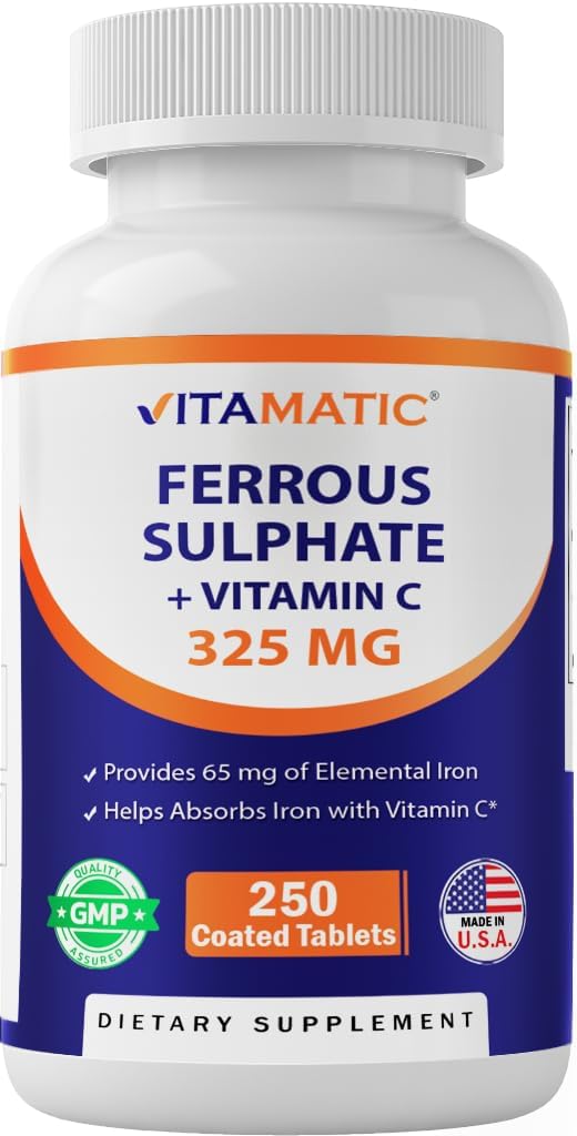 Vitamatic Ferrous Sulfate 325 mg ile C 100 mg (65 mg Elemental Iron) - Yüksek Potency Iron Supplement - Yapay Renkler - 250 Kaplamalı Tablet, ABD'de Yapıldı