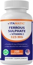 Vitamatic Ferrous Sulfate 325 mg ile C 100 mg (65 mg Elemental Iron) - Yüksek Potency Iron Supplement - Yapay Renkler - 250 Kaplamalı Tablet, ABD'de Yapıldı