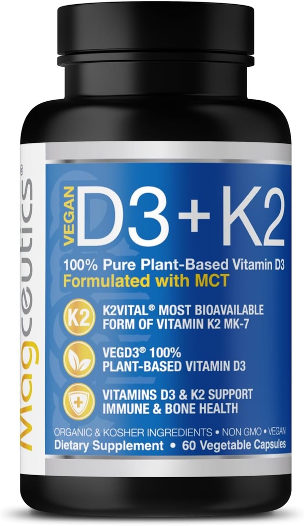 MCT ile D3 Vitamin K2, 5000 IU Vegan D3 & 100 mcg MK7 K2, Güçlü Bones ve Immune Health - 60 Capsules (60 Days Supply)