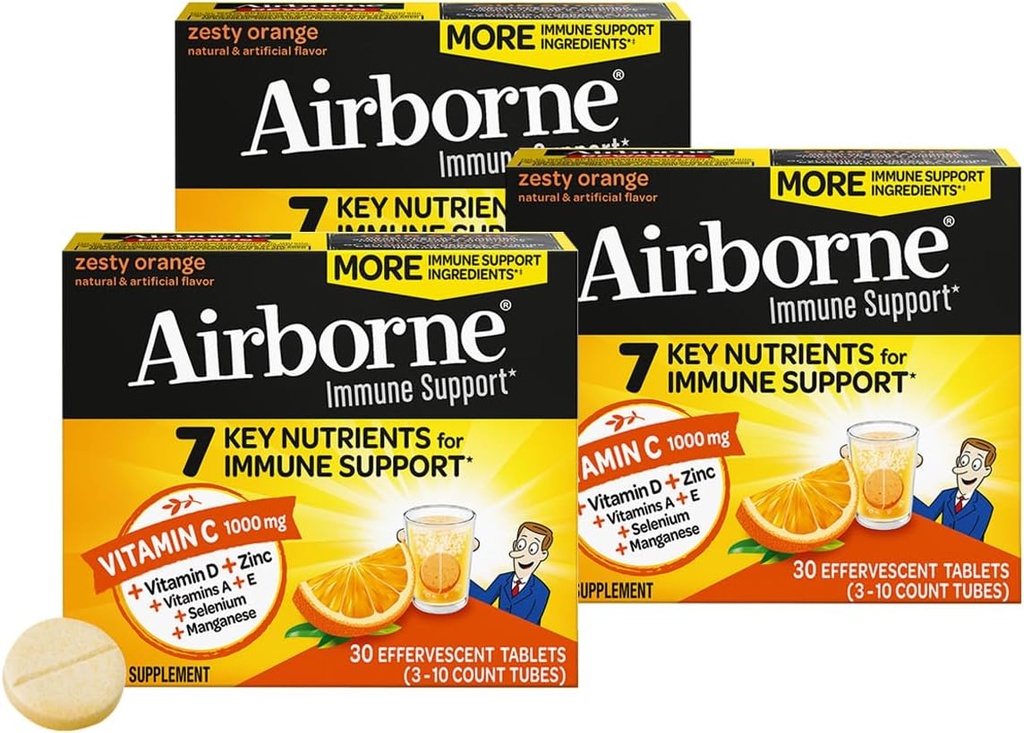 Airborne 1000 mg C + çinko Sugar Free Multivitamin Immune Support Effervescent Fizzy Drink Tabletleri, Zesty Orange Flavor Güçlü Antioksis A C & E, 30 Tabletler (3 Paket)