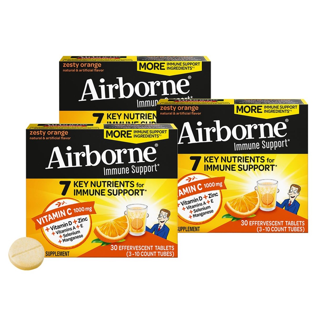 Airborne 1000 mg C + çinko Sugar Free Multivitamin Immune Support Effervescent Fizzy Drink Tabletleri, Zesty Orange Flavor Güçlü Antioksis A C & E, 30 Tabletler (3 Paket)