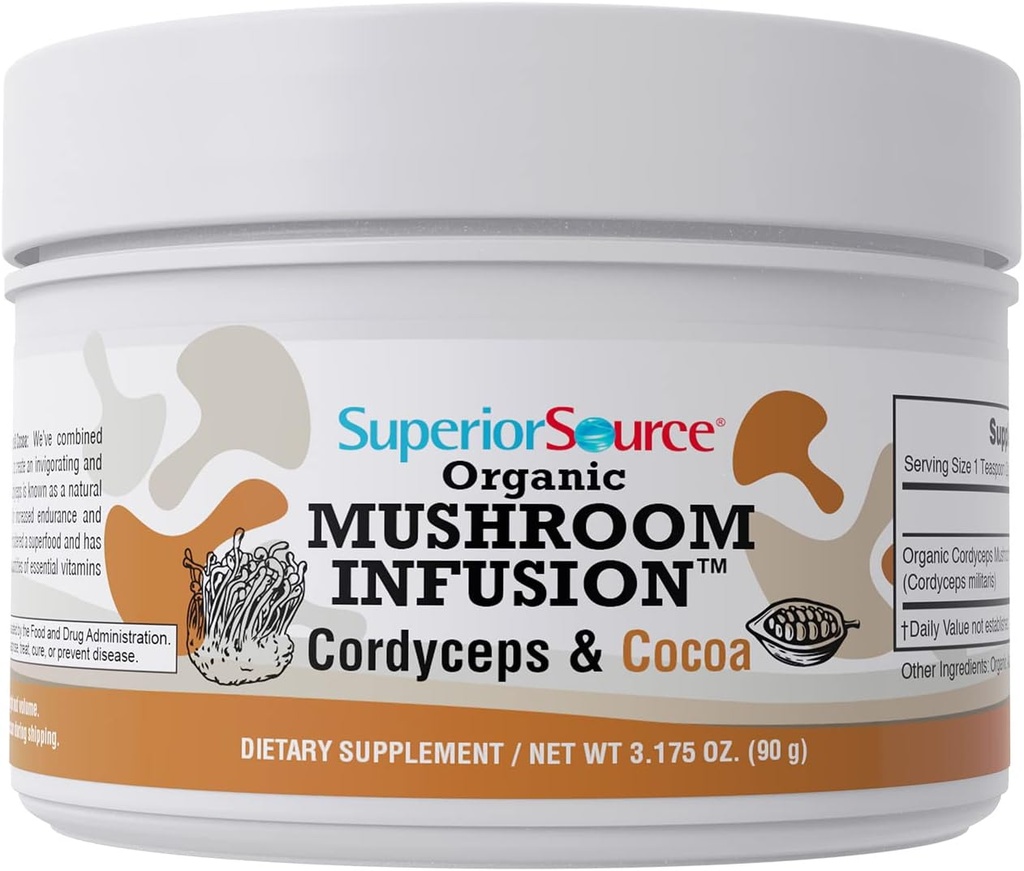 Superior Source Organic Mushroom Infusion – Cordyceps & Cocoa, Αυξημένη Ενέργεια, Σταμίνα & Αντοχή, Αντιγηραντικές Ιδιότητες, Υγεία της Καρδιάς, Ισχυρή Ανοσοποιητική Υποστήριξη, 45 Υπηρεσίες, Μη ΓΤΟ