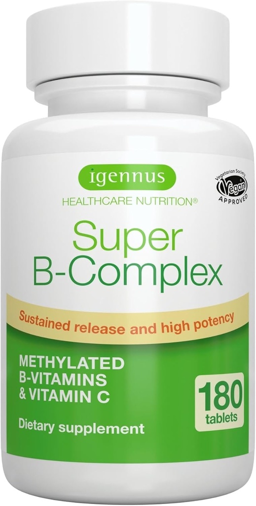 Igennus Super B- Complex μεθυλιωμένο B-βιταμίνες, MTHFR συμπλήρωμα με μεθυλοφολικό & B12 μεθυλοκοβαλαμίνη, υψηλή βιοδιαθεσιμότητα & ισχύς, Vegan, Lab Επαληθευμένο, 180 μικρά δισκία