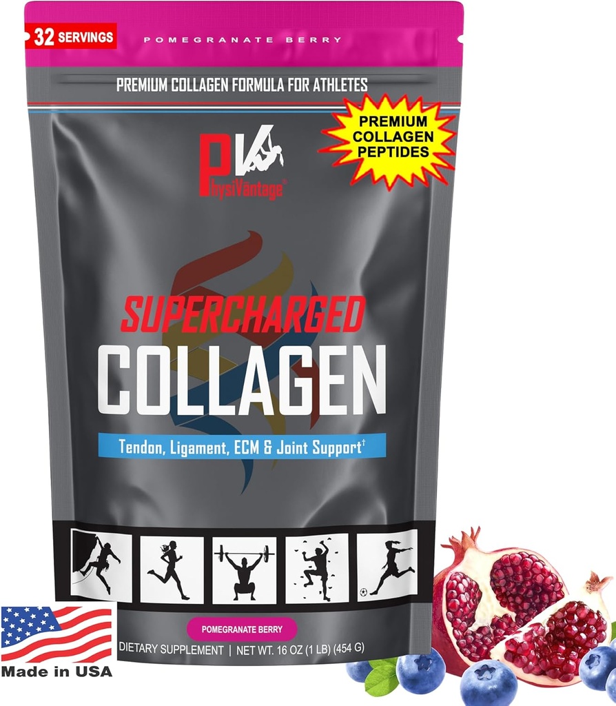 FizyVantage Supercharged Collagen, Toz - Ortak, Tendon, Ligament ve Skin Health Support - Pomegranate, Keto, Paleo, 16oz | Vitamin C, BCAAs, Grass-Fed Collagen