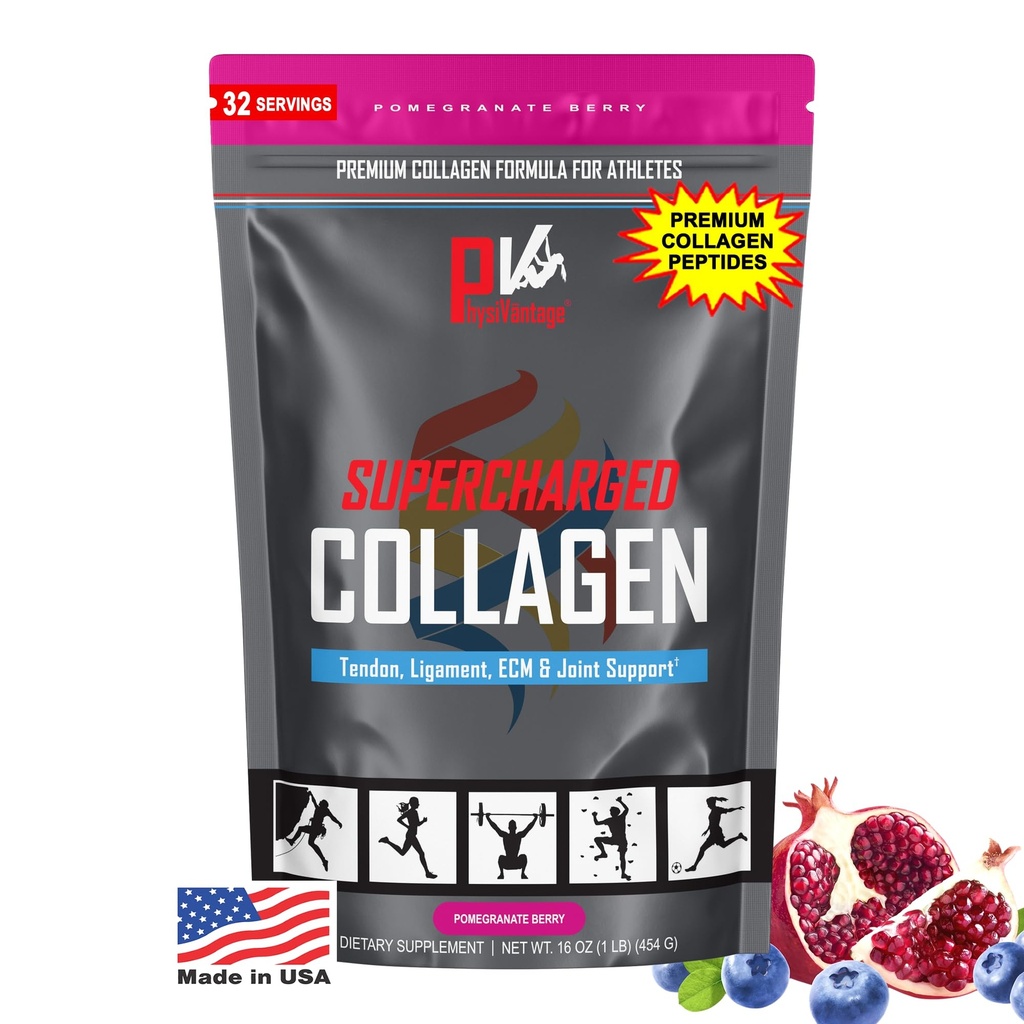PhysiVantage Supercharged Collage Peptides σκόνη - Υδρολυμένο κολλαγόνο για κοινή, Tendon, Ligament, & Skin Health Support - Ρόδι, Κέτο, Παλαιό, 16oz 