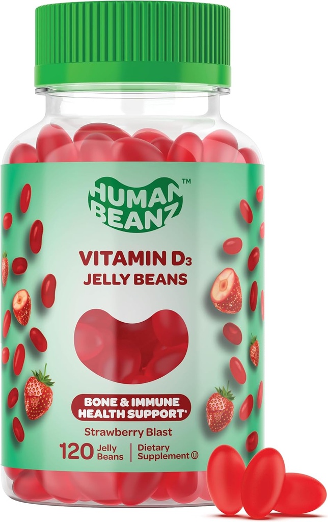 Βιταμίνη D3 Jelly Bean Gummies για ενήλικες, Ανοσία Υποστήριξη, 2000 IU Βιταμίνη D, Διατροφικά χορτοφαγικά συμπληρώματα, 120 φράουλα Blast Jelly Beans, Kosher