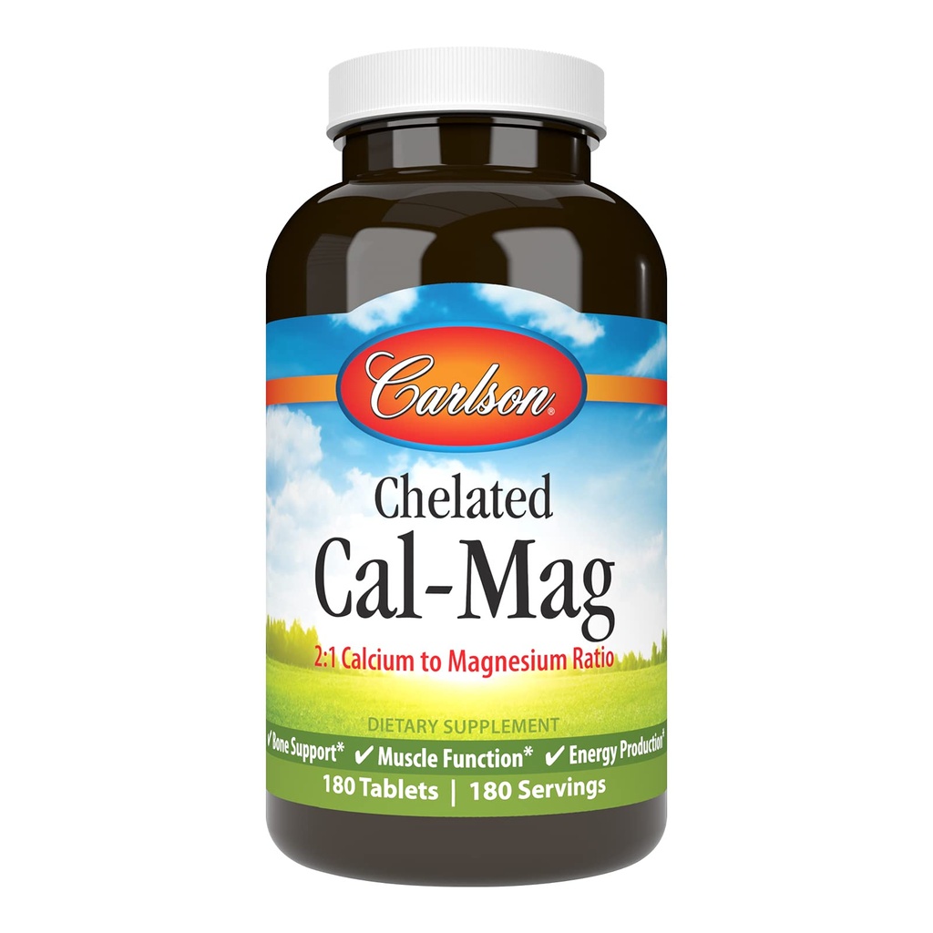Carlson - Chelated Cal-Mag, 2:1 - Magnezyum Oran, Bone Support, Muscle Function & Energy Production, 180 Tablets