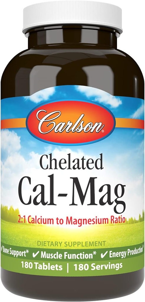Carlson - Chelated Cal-Mag, 2:1 Calcium to Magnesium Ratio, Bone Support, Muscle Function & Energy Production, 180 Tablets
