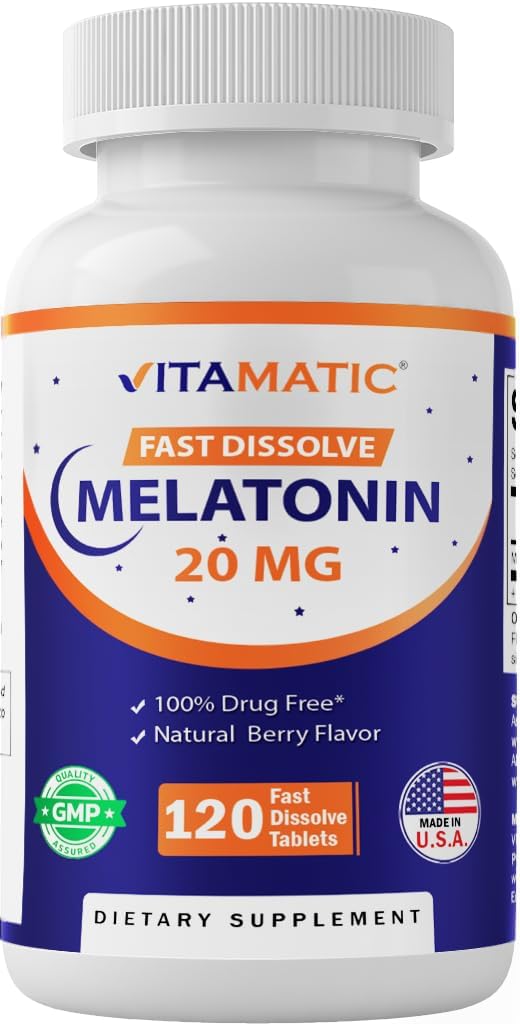 Vitamatic Melatonin 20 mg Tabletleri – Doğal Berry Flavor – 120 Vejetaryen Tabletleri Şişe başına - 6 Şişe (Top 720)