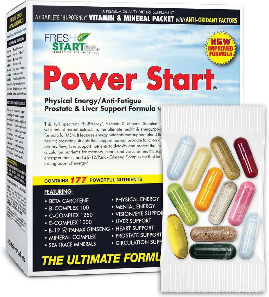 Power Start Complete Daily Vitamin Paketi | Men's Health Support, 10X Energy & Stamina ATM | A, B, C, D, E, B12, Minerals, Tribulus, Maca, Epimedium, Tongkat Ali (30 Packets)