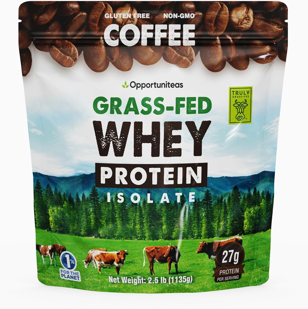 Opportunitas Grass Fed Coffee Whey Protein Isolate Powder - 27g Protein Powder Χωρίς Τεχνητά Γλυκαντικά, Ορμόνες-ελεύθεροι αγελάδες, Μη ΓΤΟ - 2,5lb