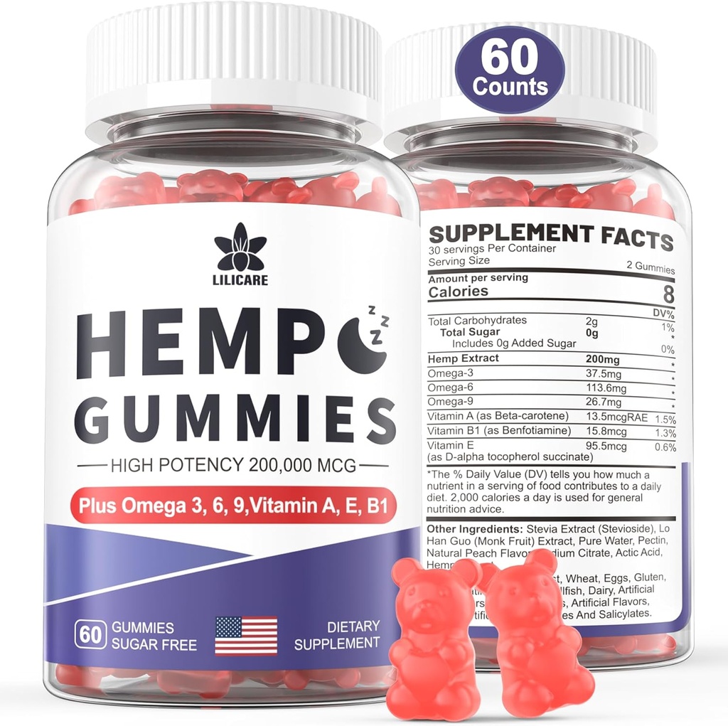 HempToply Hemp Gummies 200 mg, High Potency Vegan Hemp Oil with Omega 3 6 9, Vitamin A InterE & B1, Zero Sugar, 60 Gummies, 30 Hizmet