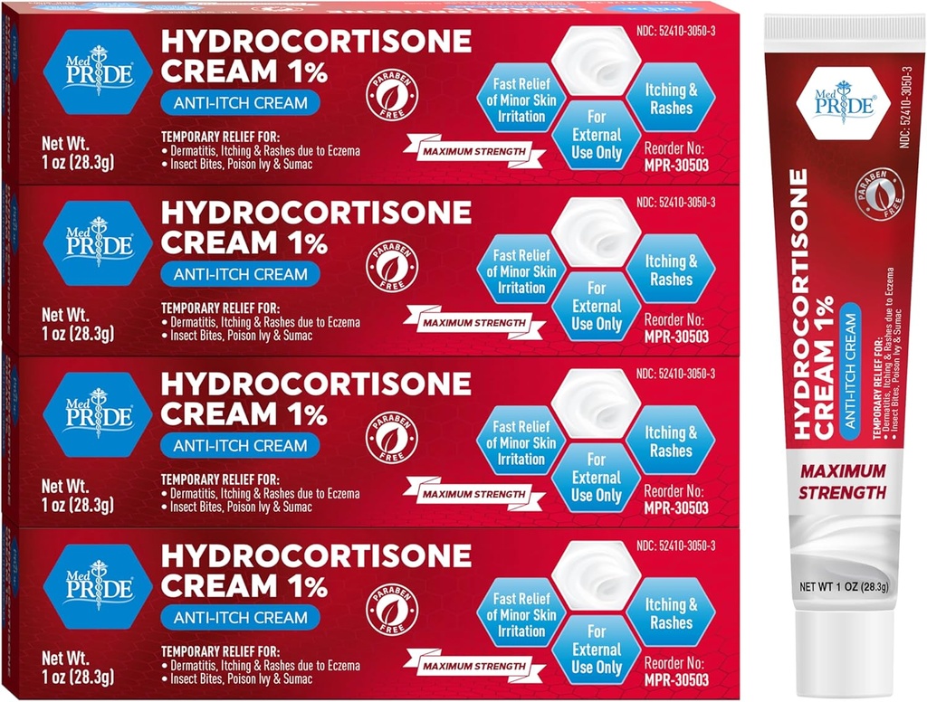 MED Pride Hydro Cortisone (Υδροκορτιζόνη) Κρέμα 1% OTC Μαζική Συσκευασία των 4 X 1 Oz Anti-Itch Αλοιφή για Εξάνθημα, Eczema, Bug Bites