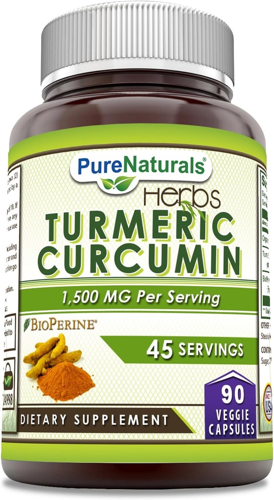 Pure Naturals Turmeric Curcumin with Bioperine 2250 mg Per Service Supplement | Veggie Capsules | Non-GMO | Gluten Free | Made in USA (1 Pack, 90 Count)