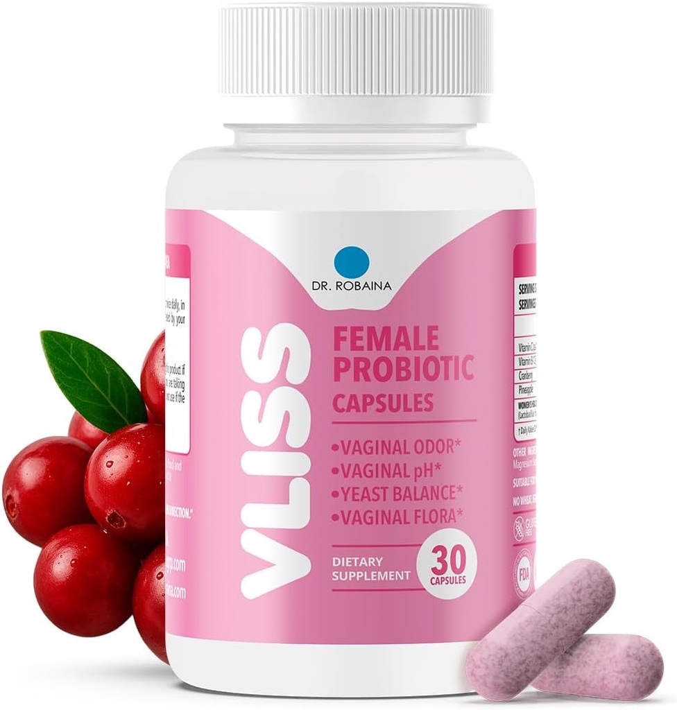 Dr. Robaina Women's Daily Vaginal Probiyotik + Cranberry & Pineapple, 5 B CFU Lactobacillus (rhamnosus, reuteri, gazseri, crispatus), PH Balance & Odor Control, C & B-12, 30 Vegan Capsules