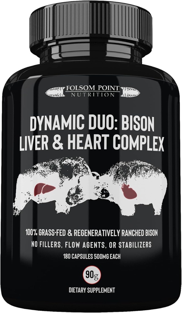 Dinamik Duo: 100% Grass-Fed Bison Liver & Heart Kompleks | Desiccated Bison Liver ve Heart Pill Supplement (Single Şişe) | ABD'de Made in USA