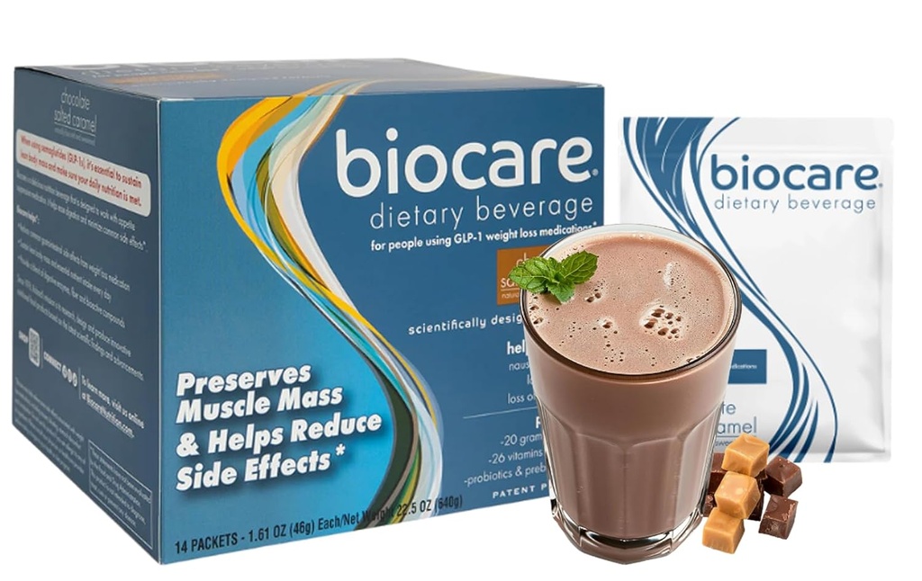 Biocare Διατροφική Ποτό για τους χρήστες GLP-1, Dietary Powder Drink Παρέχει 20g Ουσιαστική Πρωτεΐνη, 26 Βιταμίνες / Εσπεριδοειδή, Βοηθά στην Ευκολία Ναυτία, Μπλέξιμο, Δυσκοιλιότητα, Σοκολάτα Αλάτι Caramel (14 Count)