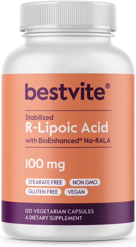 BESTVITE R-Lipoic Acid 100mg Bio-Enhanced® Na-RLA (120 Vejetaryen Capsules) No Stearates - No Flow Agents - Vegan - Non-GMO - Gluten Free