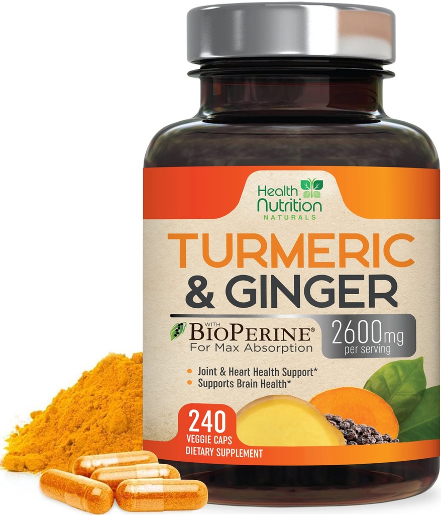 Turmeric Curcumin Supplement 2600 mg - Organik Ginger & Turmeric,% 95 Curcuminoids, BioPerine Black Pepper for Best Abpole, Nature's Vegan Ortak Destek, Non-GMO, Şişed in USA - 240 Capsules