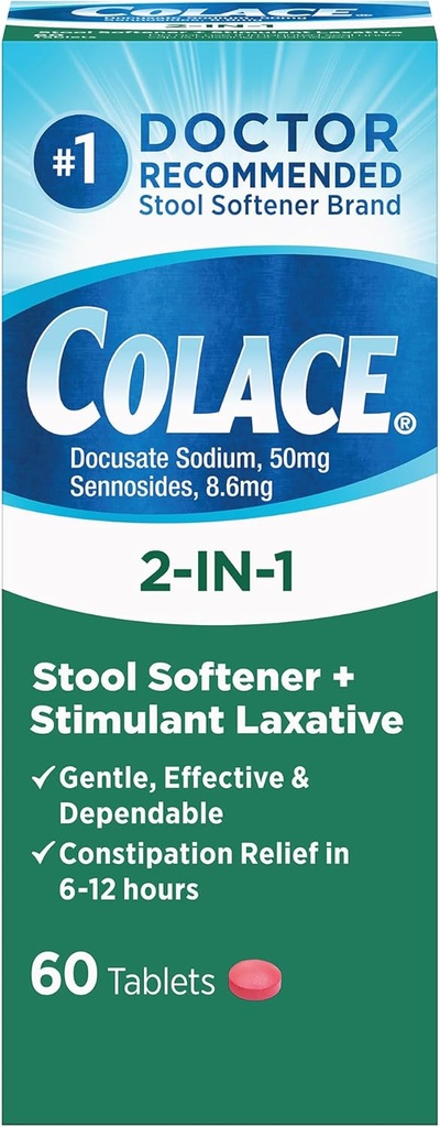 Colace 2-In-1 Stool Softener Plus Stimulant Laxative for Gentle Effective Constipation Relief, Docusate Sodium Plus Sennosides, 60 Count