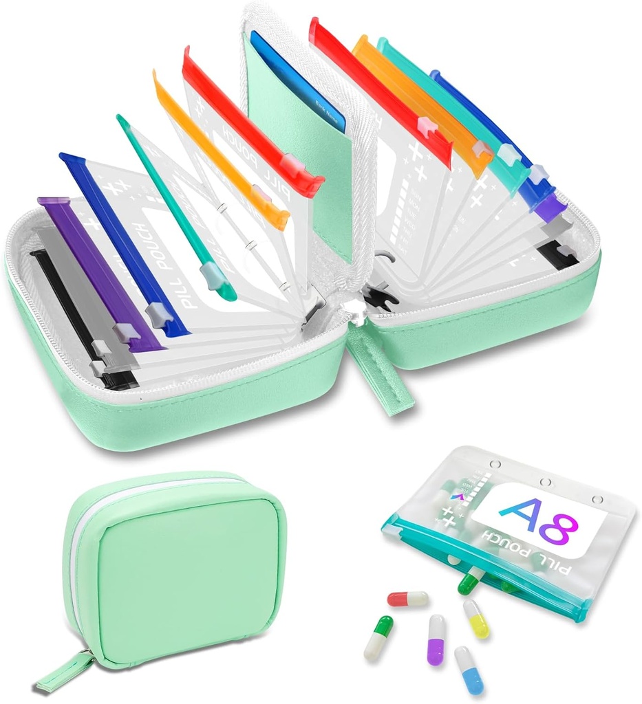A8 Su Pill Organizer Set, Yedi Gün boyunca iki kez Büyük Pill Organizer, 14 Renkli Kodlu Pouches ile Pill Storage, Reusable Travel Medicine Organizer