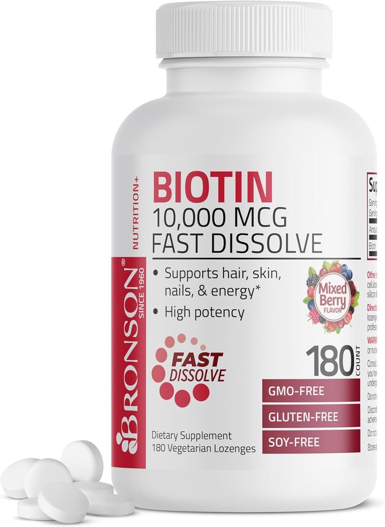 Bronson Biotin 10.000 MCG Lozenges Fast Dissolve High Potency Υποστηρίζει τα μαλλιά, το δέρμα και τα νύχια μικτή γεύση μούρου - μη-GMO, 180 χορτοφαγικά lozenges
