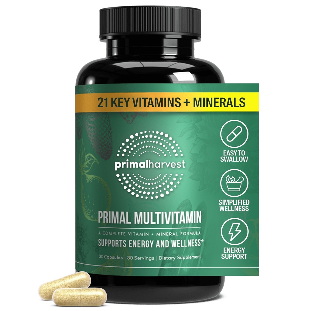 Primal Harvest Primal Multivitamin - Daily Multi-Vitamin Supplement with 21 Essential Vitamins & Minerals for Women & Men - Vitamin A, C, D, E, B12, B6, Biotin, Folic Acid, çinko, Copper & Selenium
