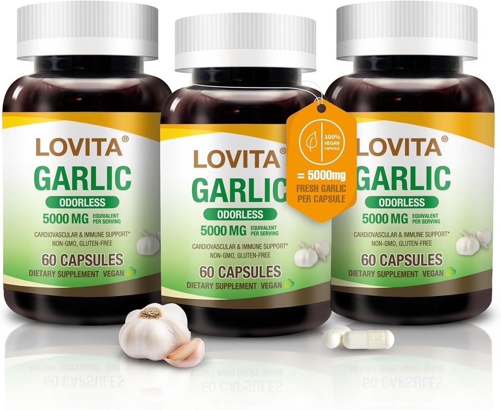 Lovita Odorless σκόρδο κάψουλες, 5000mg φρέσκο σκόρδο ισοδύναμο, 1,25% Allicin Extract, υποστηρίζει την καρδιά, την πίεση του αίματος, χοληστερόλη & ανοσοποιητικό σύστημα, μη-GMO, χωρίς γλουτένη, 180 Vegan κάψουλες