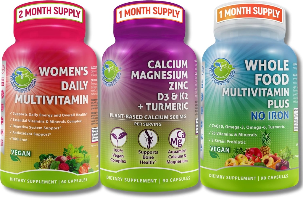 Vegan Multivitamins & Ασβέστιο Trio – Ολόκληρα τρόφιμα Πολυβιταμίνη με σίδηρο + Γυναικεία Καθημερινή Πολυβιταμίνη με σίδηρο + Φυτοβασισμένο ασβέστιο, μαγνήσιο, ψευδάργυρο, D3, K2 & Turmeric – Ενέργεια, οστά & ανοσοποιητική υποστήριξη