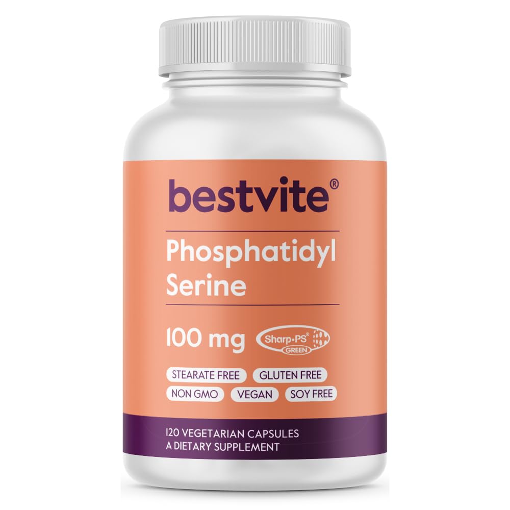 BESTVITE Phosphatidylserine 100 mg per Capsule (120 Vejetaryen Capsules) Sharp-PS® Green - Patentli ve Klinik Olarak Test Edildi - Stearate Free - Soy Free - Gluten Free - Vegan - Non GMO
