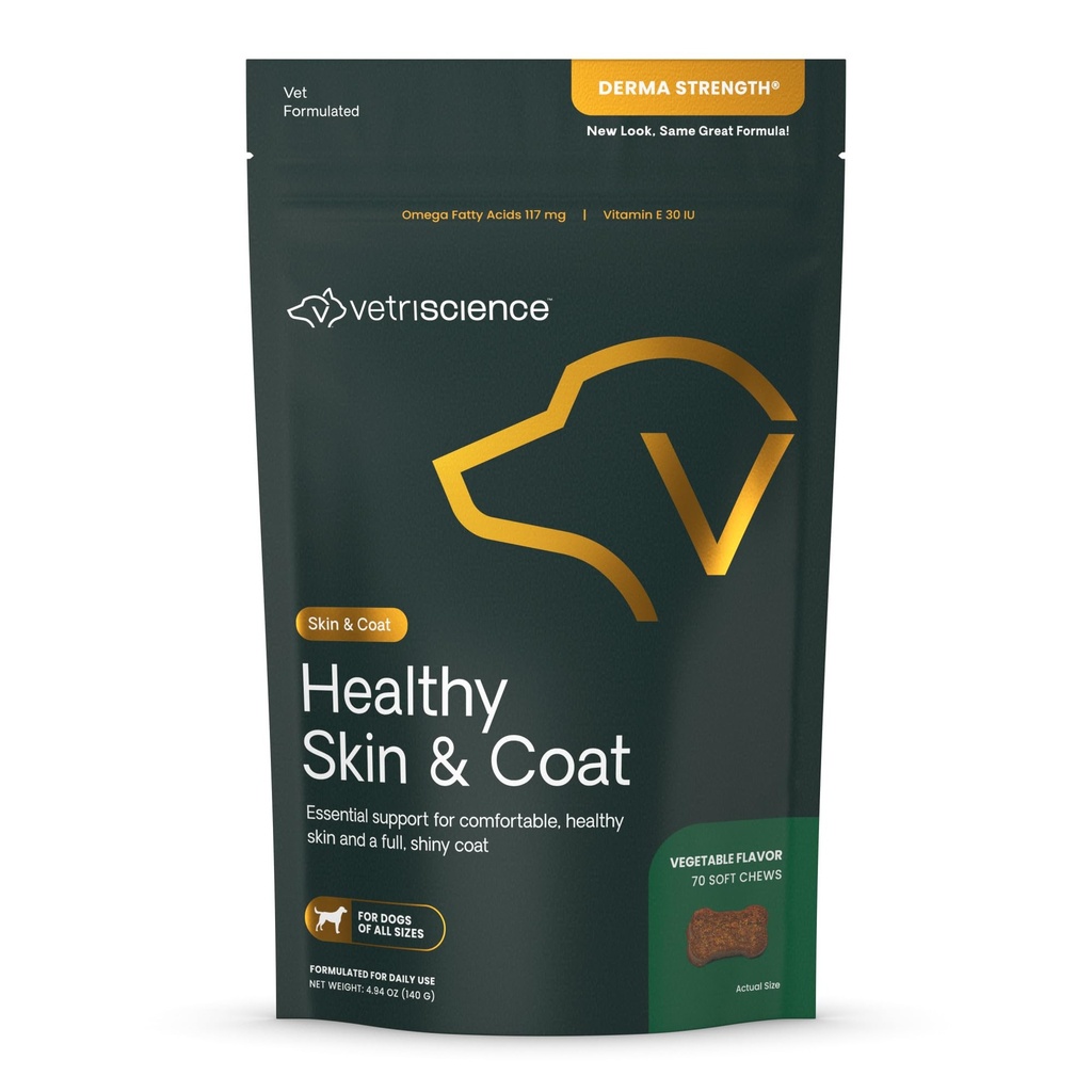 Vetri Science Health Skin & Coat Chews, Derma Strength Omega-3 Salmon Oil Supplement for Dogs, Omega Skin and Coat Chews, Skin Health, Coat growth, Fish Oil and Vitamin E, Veggie, 70 Count
