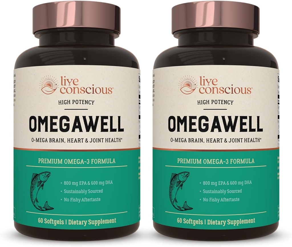 Canlı Bilinçli Omega Well Fish Oil: Kalp, Beyin ve Ortak Destek | 800 mg EPA 600 mg DHA - Enteric-Coated, Sustainable Sourced - Easy to Sw Count 120 (2-Pack)