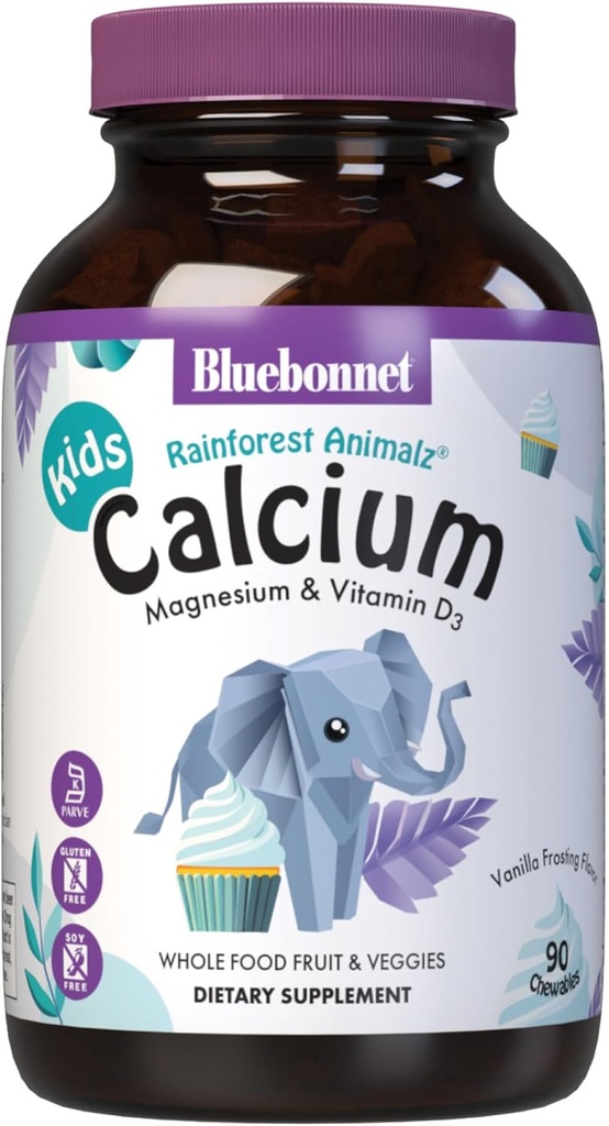 BlueBonnet Super Earth Rainforest Animalzuba Magnezyum ve D3 Chews, Natural Vanilla Frosting, White, 90 Count