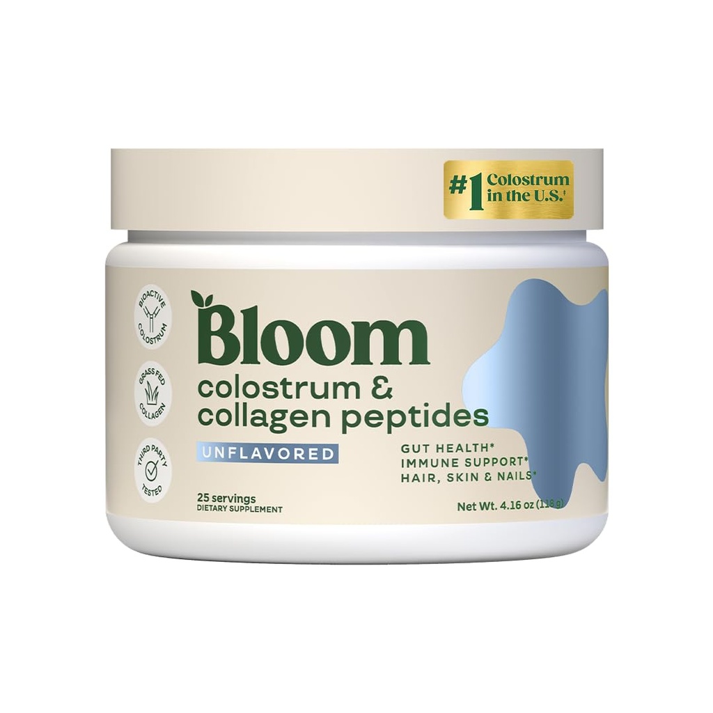 Bloom Nutrition Bovine Colostrum Powder with Vitamin B-12 for Gut Health, Immune Support, Hair Growth & Beauty Supplement | Unflavored, 25 Servings