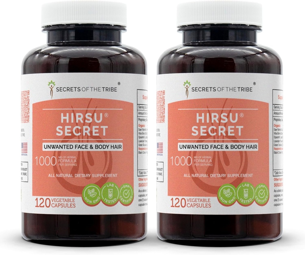 Hirsu Secret 120 Capsules(2), 1000 mg, Saw Palmetto, Black Cohosh, Vitex, Spearmint, Lavender, Green Tea. Unwanted Face & Body Hair (2x120 Capsules)