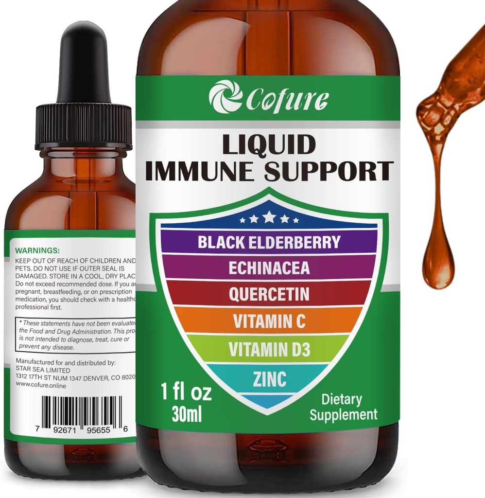 Çinko Quercetin Vitamin C D3 Sıvı Immune Support with Organic Echinacea Elderberry, Immune Defense Drops Supplement for Yetişkinler- Vegan, Non-GMO, Gluten Free - 1 Fl Oz Oz
